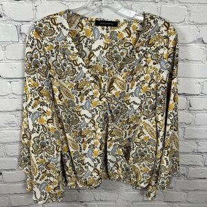 Sanctuary Women’s Floral Faux Wrap Shirt Blouse Bell Sleeves Yellow Cream Blue L